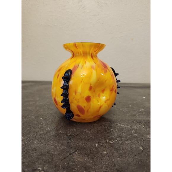 Kralik Art Glass ORANGE Yellow Black Tooled Rigaree SIGNED Made in Cz Chips - Picture 1 of 14